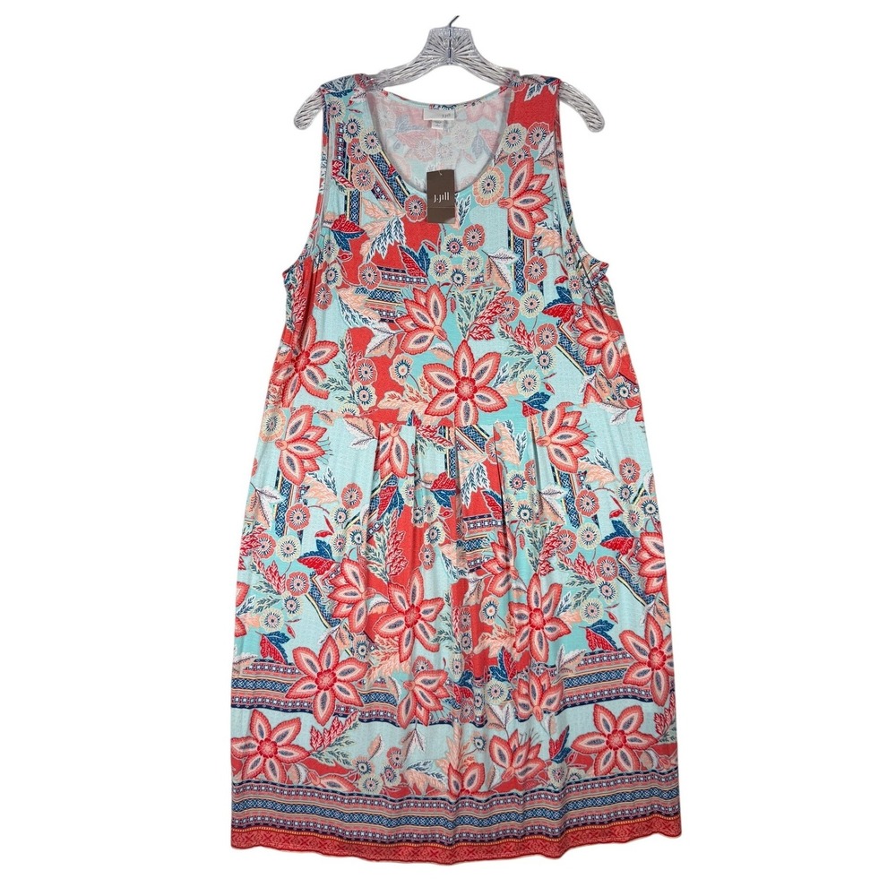 J. Jill Women Tall L Floral Sleeveless Knit Dress Aqua Coral Hibiscus 132803 NWT - Picture 1 of 8